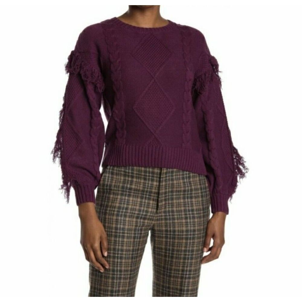 KIKIT Sweater Women Size Medium Cable Knit Fringe Sleeves Pullover‎ Purple NEW